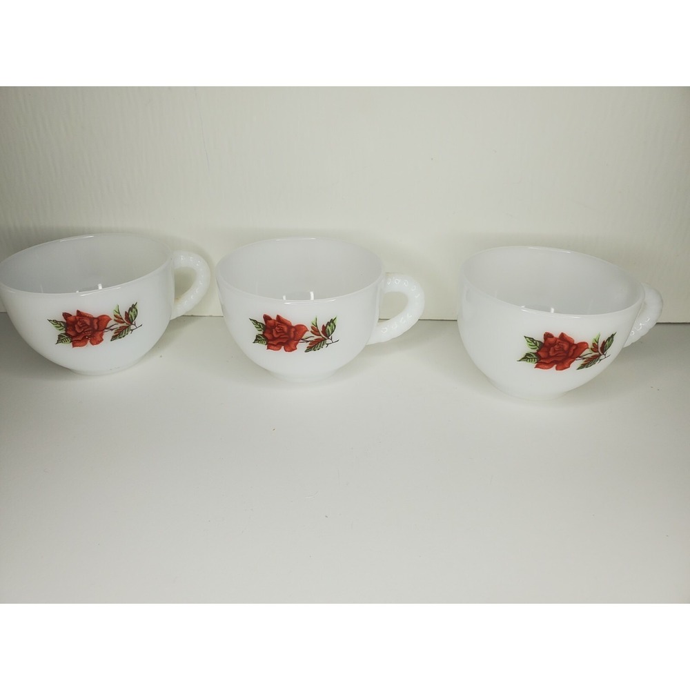 🌹Federal Glass ROSECREST Milk White Snack Plate & Cup Red Rose 1950's - Picture 3 of 8